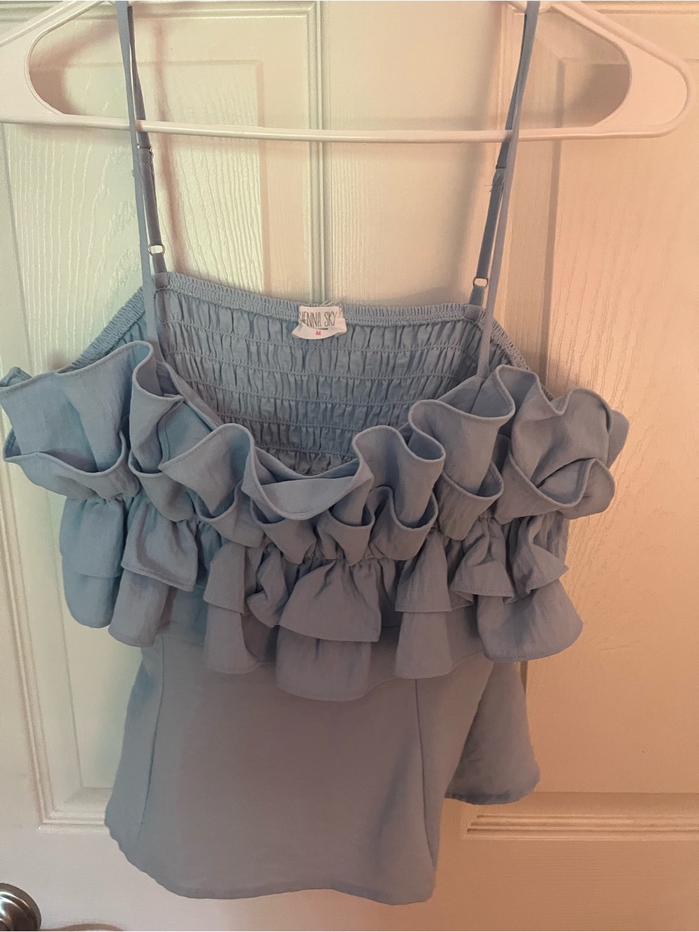 Sienna Sky Powder Blue Ruffle Strap Top